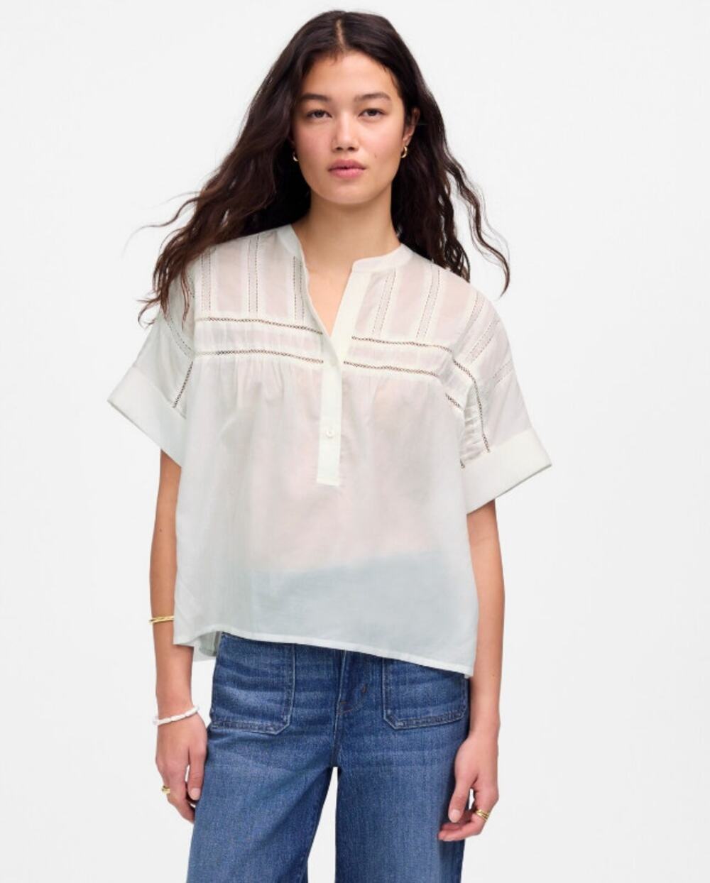 Madewell Lace-Inset Pintucked Henley Top S White Cuffed Short Sleeve Semi Sheer